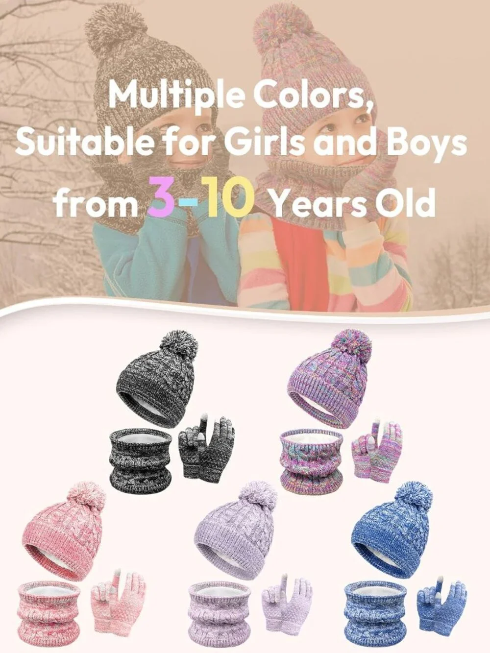 Kids Winter Hat Gloves Scarf Set, Toddler Children Girls Boys Beanie Hat Knitted